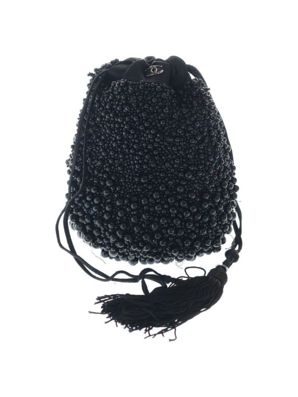 Chanel CC Logo Beads Drawstring Pouch Mini Bag Black